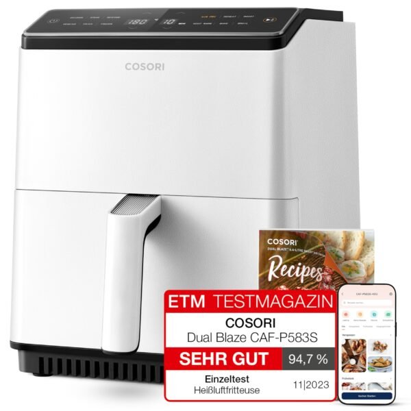 COSORI Heißluftfritteuse XXL, Dual Blaze, 6,4 L(1.8kg) Wifi verbunden, Airfryer mit 12 Multifunktionen, 90+ Online Rezept & Rezeptbuch, Full Touch Screen, 1700W, Milchweiß, Weiß