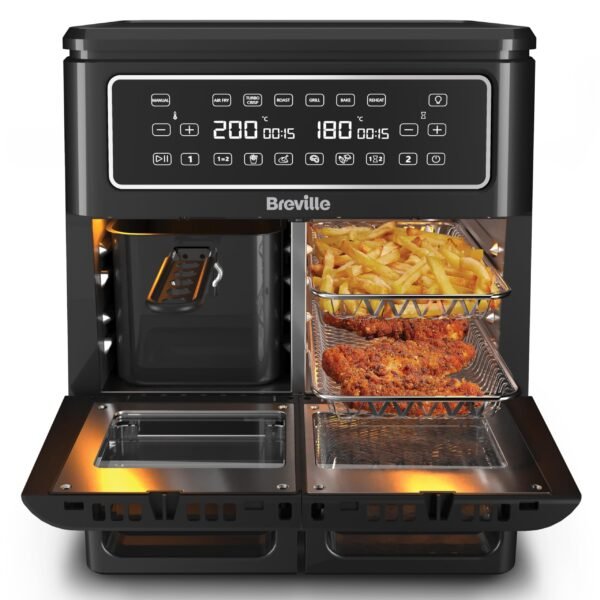 Breville Heißluftfritteuse Halo Flexi | Digitale Doppelkammer-Heißluftfritteuse | 11 l Air Fryer: Für mehr als 10 Personen | FrittierenBackenGrillenBratenRöstenAufwärmen | 2400 W [VDF130X]